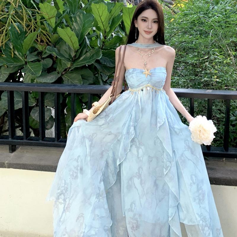Summer Suspender Dress Women's Slim Temperament Dress Long Dress Tube Top Neck Floral Vacation Beach Dress