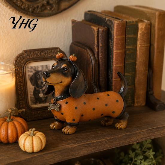 Creative Gift for Dog Owners Fall Harvest Dachshund Figurine, Halloween Statue with Pumpkin Headband Polka Seasonal Window Display Accents Dot Outfit,