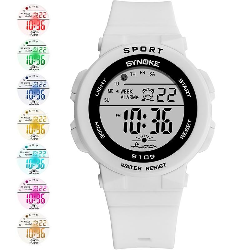 Synoke 50M Waterproof Led Chronograph Watches Fashion Colorful Light Soft PU Strap Women's Digital Sport's Wristwatch