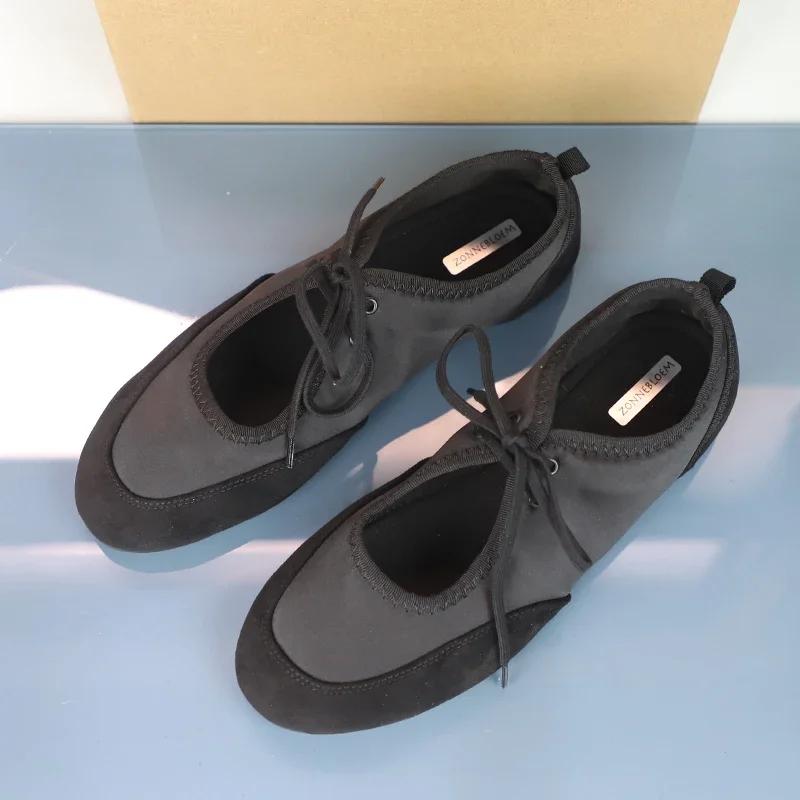 Fashion Black Lace-Up Women's Ballet Flats Comfortable Soft Satin Fabric Round Toe Ladies Autumn Shoes Brand Leisure Female Footwear