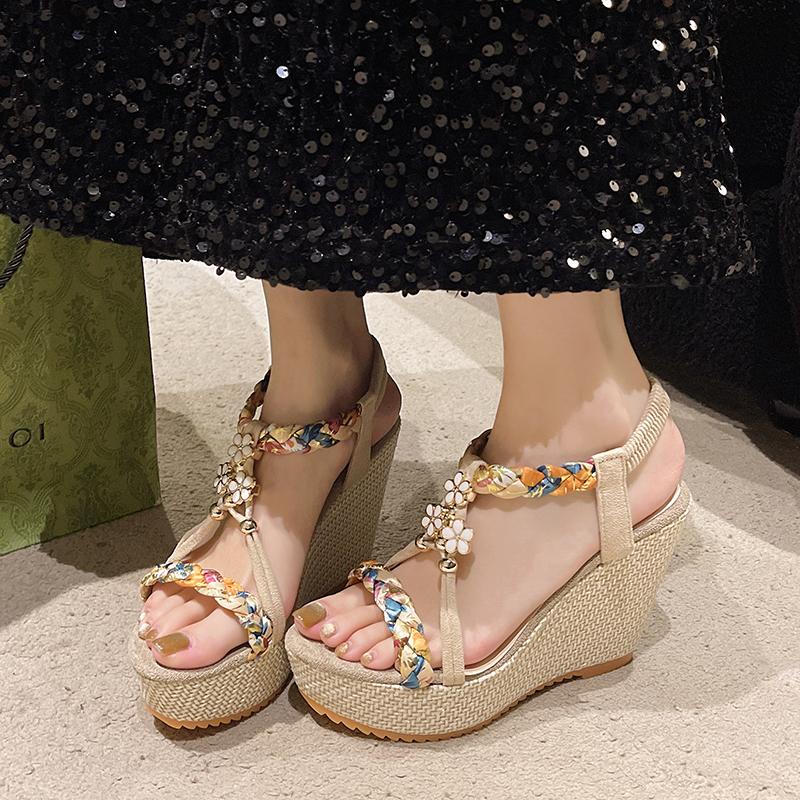 Metal Decor Wedge Sandals for Women Summer 2025 Braided Band Platform Sandals Woman Thick Bottom Beach Sandalias