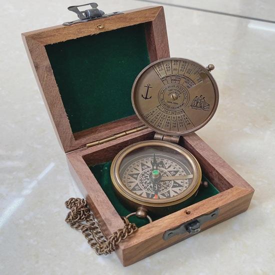 Brass Compass with Wooden Box Gift