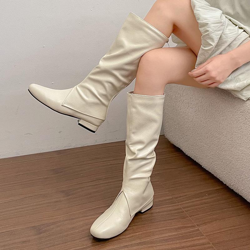 Korean version of versatile flat bottom round head high boots women's knee single boots Maillard white thin long knight boots