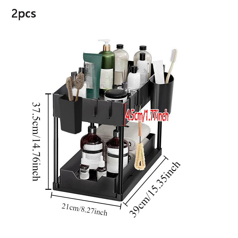 

2 шт. Простая полка для кухни под раковиной в ванной комнате, выдвижной органайзер, многофункциональная полка для хранения [с 4 клетками для палочек для еды + 10 крючками] 2pcs чёрный