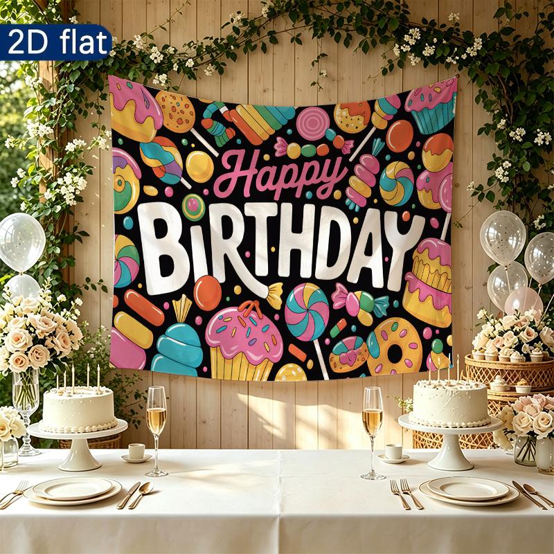 Gifts Candy Sweet Happy Birthday Party Banner, Multicolor Polyester Backdrop for Celebration & Photos