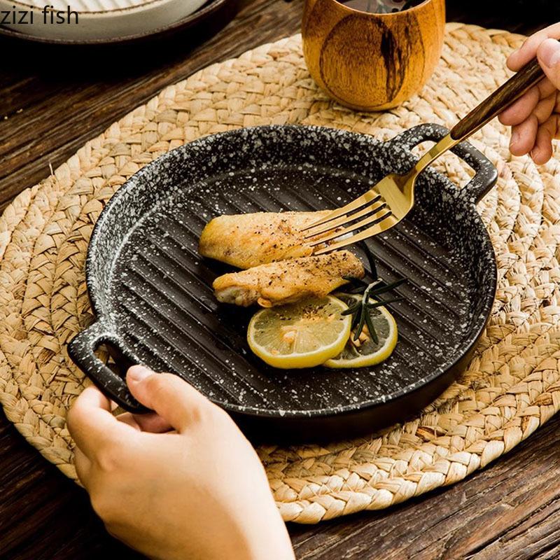 Double Ear Horizontal Texture Disc Ceramic Flat Plate Baking Plate Barbecue Plate Steak Plates Molecular Cooking Retro Tableware
