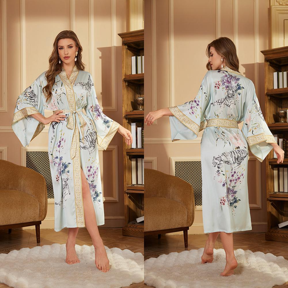 Print Satin Women Long Robe Retro Sleepwear Seven Quarter Sleeve Kimono Bathrobe Loose Home Wear