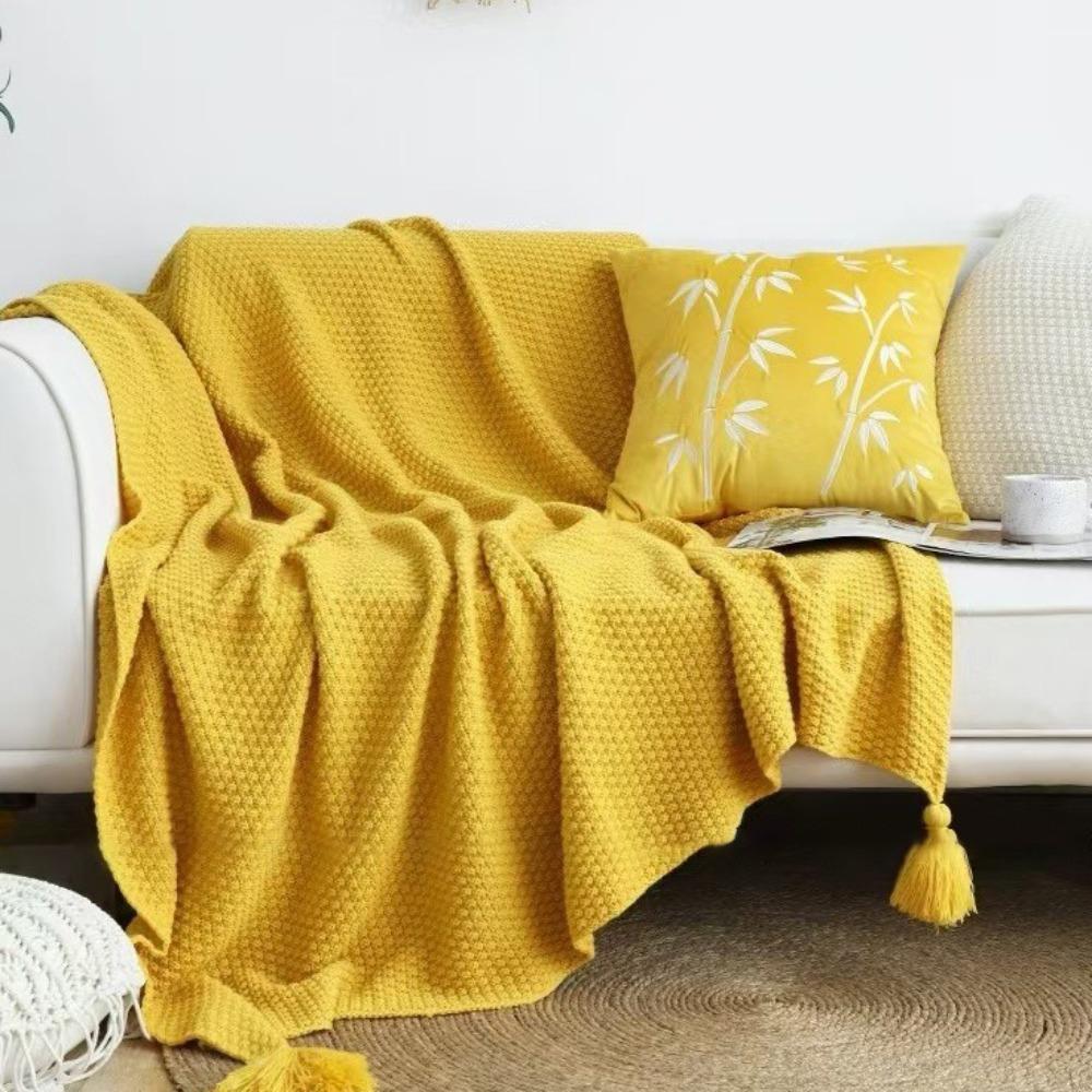 with Tassel Nordic Knitted Blanket Waffle Pattern Sofa Blanket Simple Nap Blanket  Air Condition