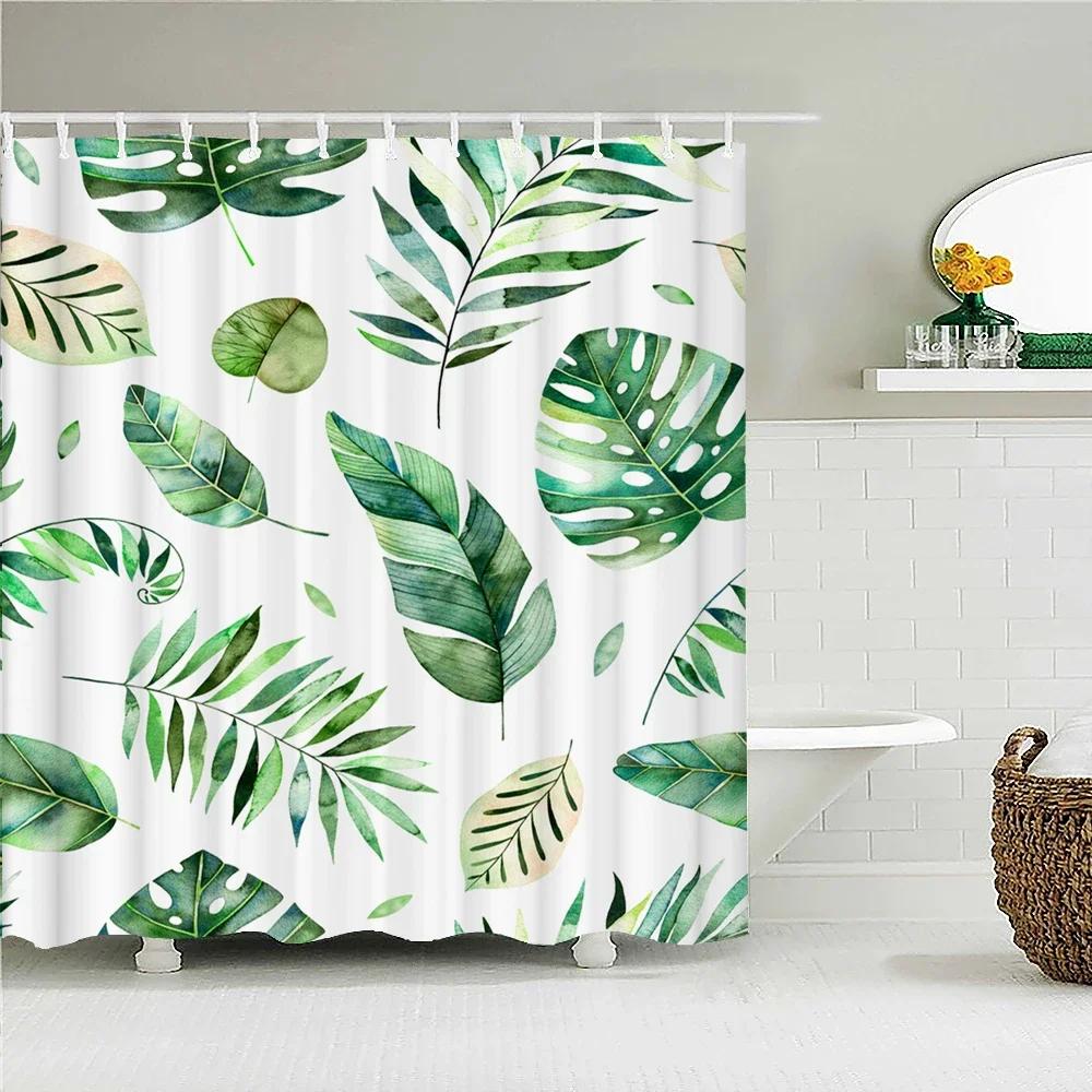 Waterproof Fabric Shower Curtain Printing Fresh Green Plant Leaves Bathroom Curtains Polyester Decoration Bath Screen With Ho