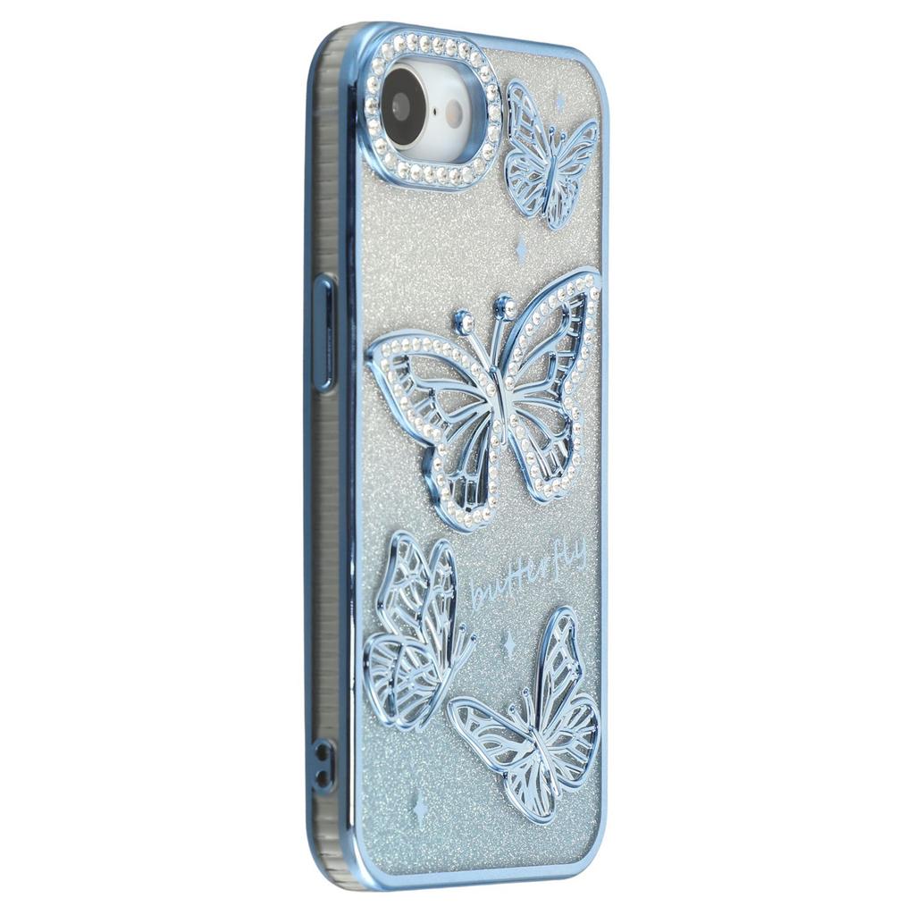 For iPhone 16e Case Rhinestones Decor 3D Butterfly TPU Phone Cover with Glitter Paper