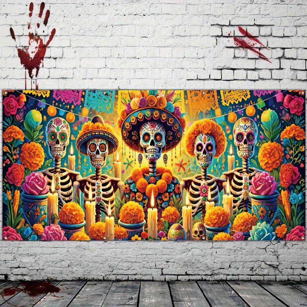 A colorful Mexican Day of the Dead flower and candle decorated garage door banner, polyester, suitable for Halloween