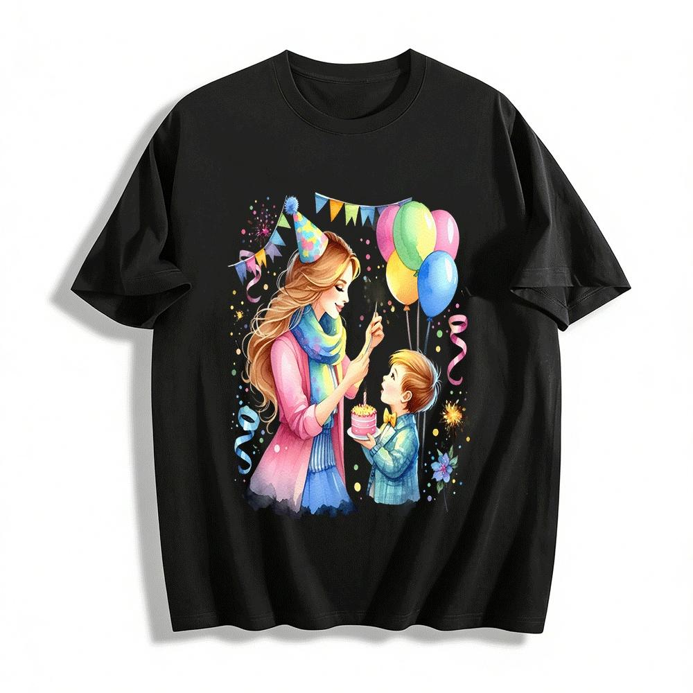 

Warm Parent-child Birthday Party Print Casual Tops For Adults&Kids Pure cotton T-shirt 6XL