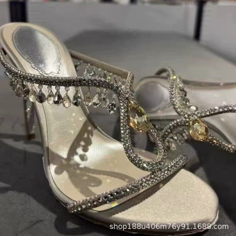 RC Open-toed Rhinestone Pendant Silk and Satin 2025 New One-word Slippers Women's Sexy Outer Wear Stiletto High Heels Sandals