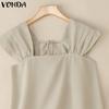VONDA Women Square Collar Casual Pleated Short Sleeve Blouse Tops
