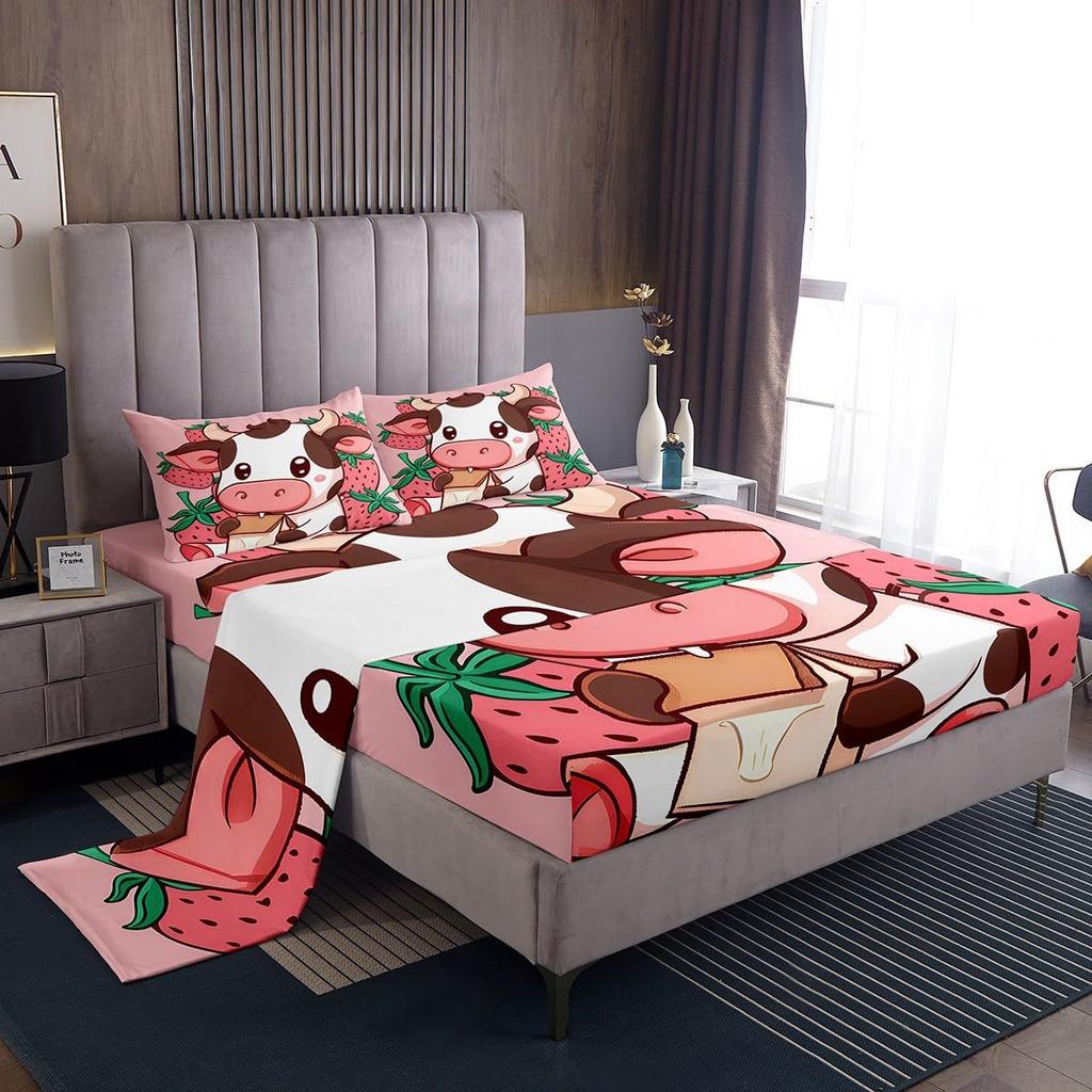 Cartoon Strawberry Cow Pattern Bed Hat Four-Piece Bedding Set Bedroom Dormitory Bedding Decoration