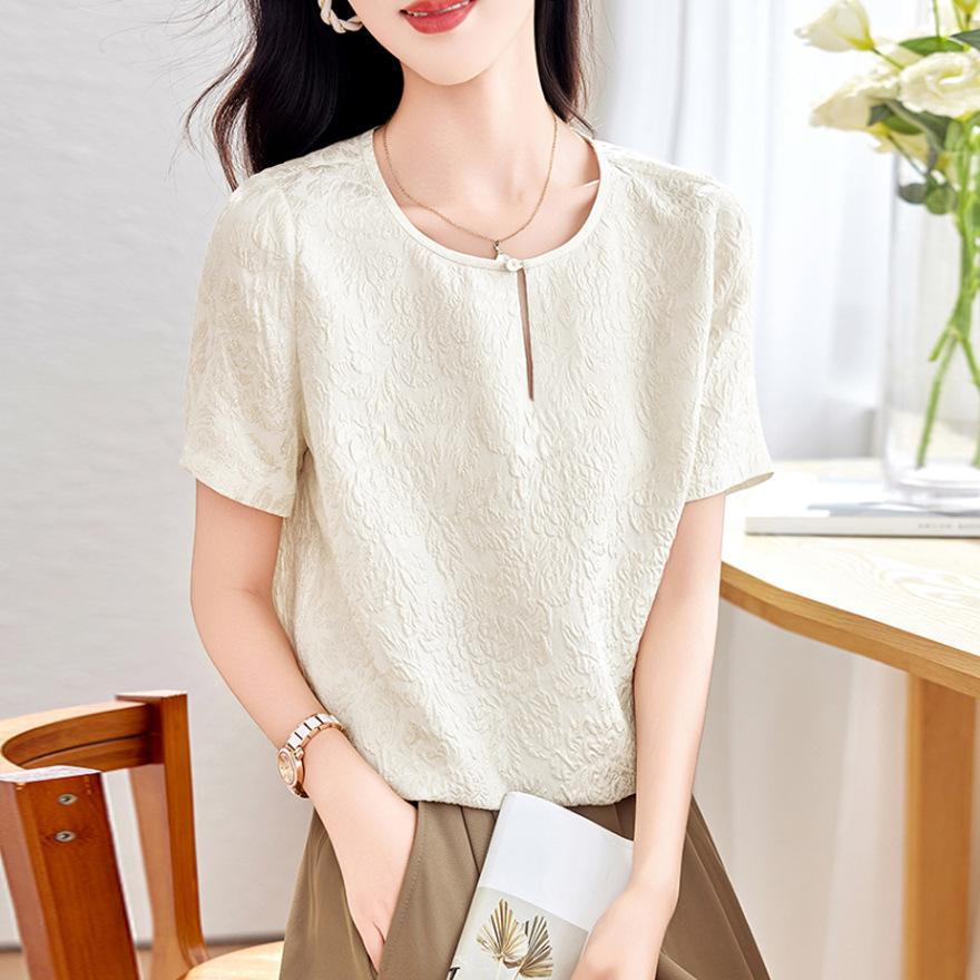 Temperament Silk Shirt Top Women's Short-sleeved  Jacquard Mulberry Silk T-shirt