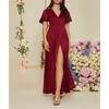 Women's Holiday Dress Solid Color Short-sleeved V-neck Sexy High Waist Slit Long Dress