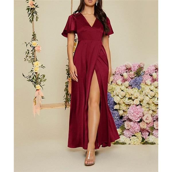 Women's Holiday Dress Solid Color Short-sleeved V-neck Sexy High Waist Slit Long Dress