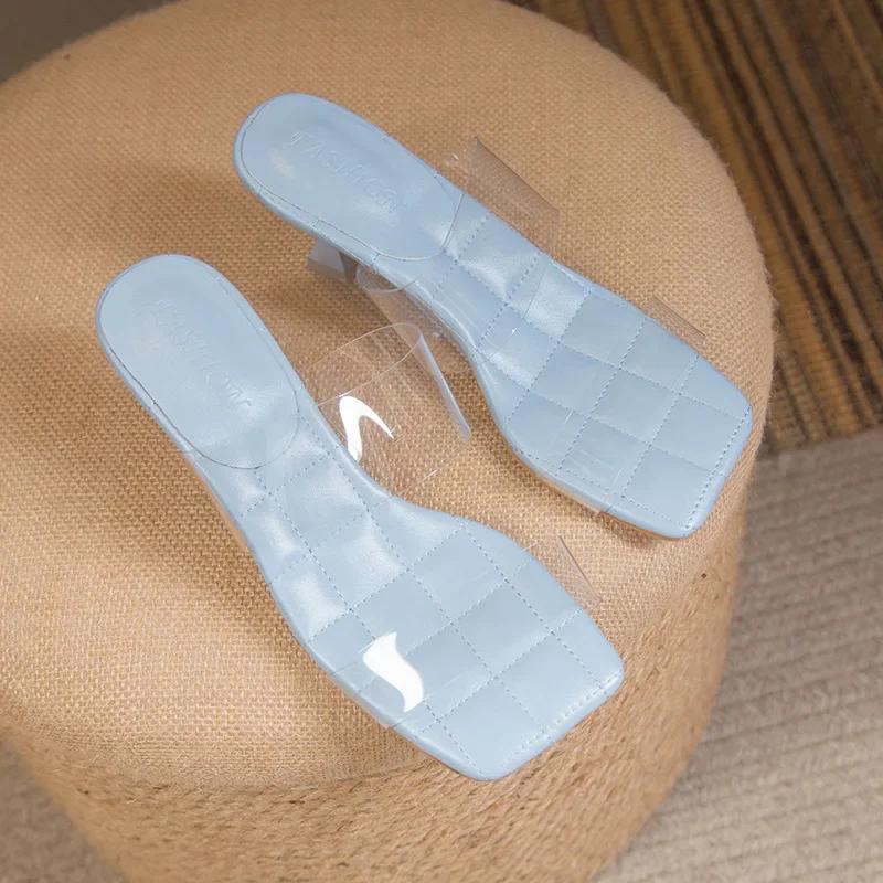 

Fashion 2024 Summer Slippers Fashion PVC Transparent Belt Women High-heeled Sandals Square Toe Outdoor Sexy Famle Slides Shoes mules 39 синий