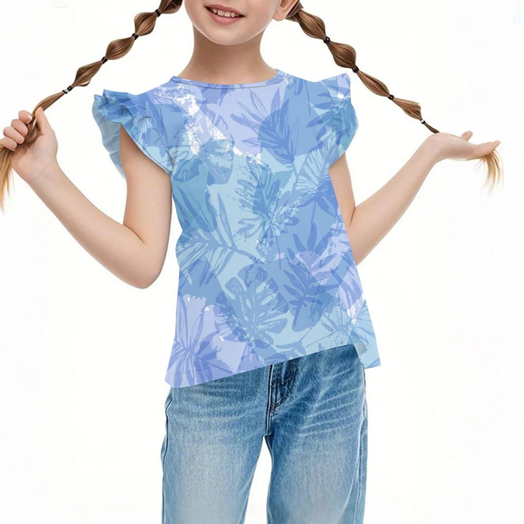 Children's Casual Short-Sleeved Pleated Cute Hawaiian Print Round-Neck Top