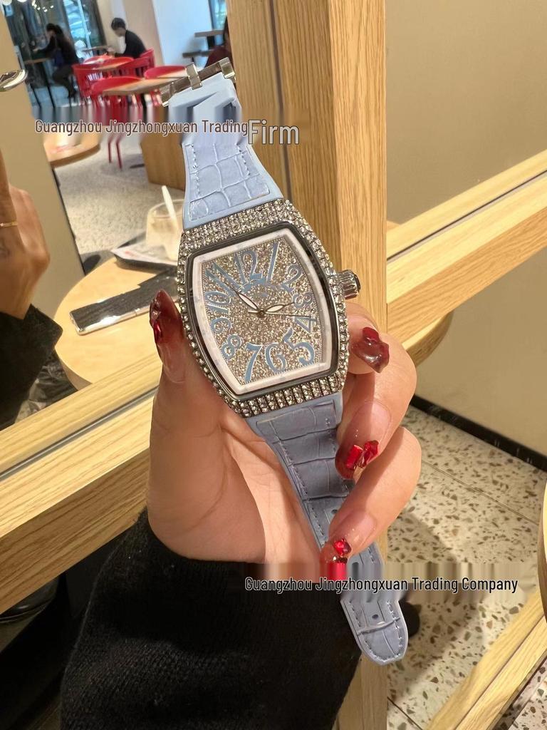 Richard Home Women's Barrel-Shaped Quartz Watch with Leather Strap and Diamond Face.