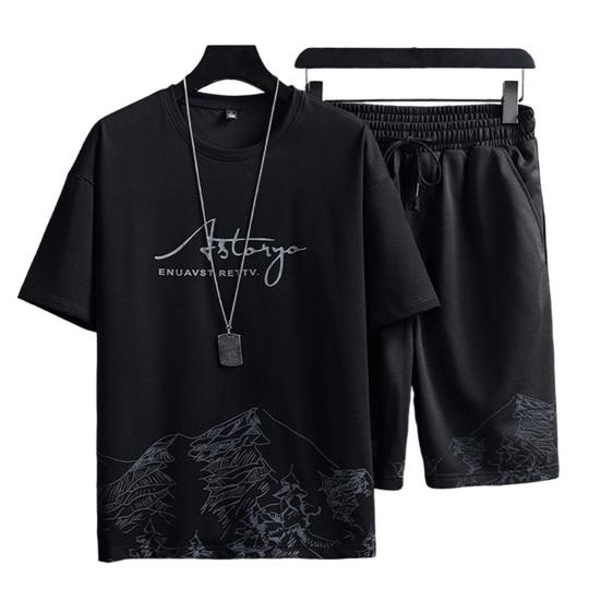 2Pcs/Set O-Neck Short Sleeve Elastic Waistband Drawstring Pockets Casual Outfit Mountain Print Loose T-shirt Loose Shorts Sport Suit Streetwear