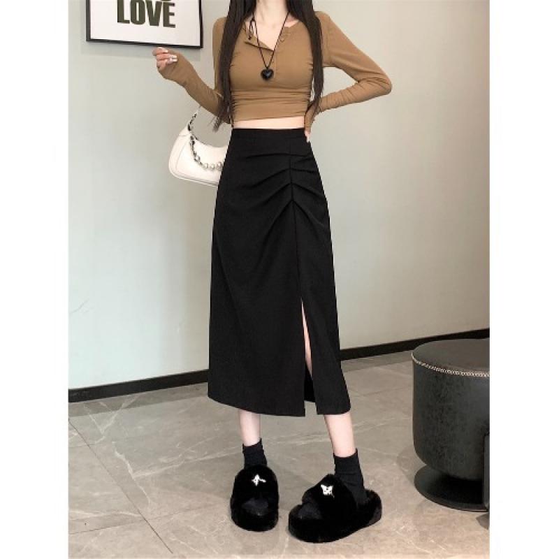 Jupe Midi fendue taille haute style français – Printemps/Été 2026 Coupe trapèze ajustée aux hanches pour femme petite taille