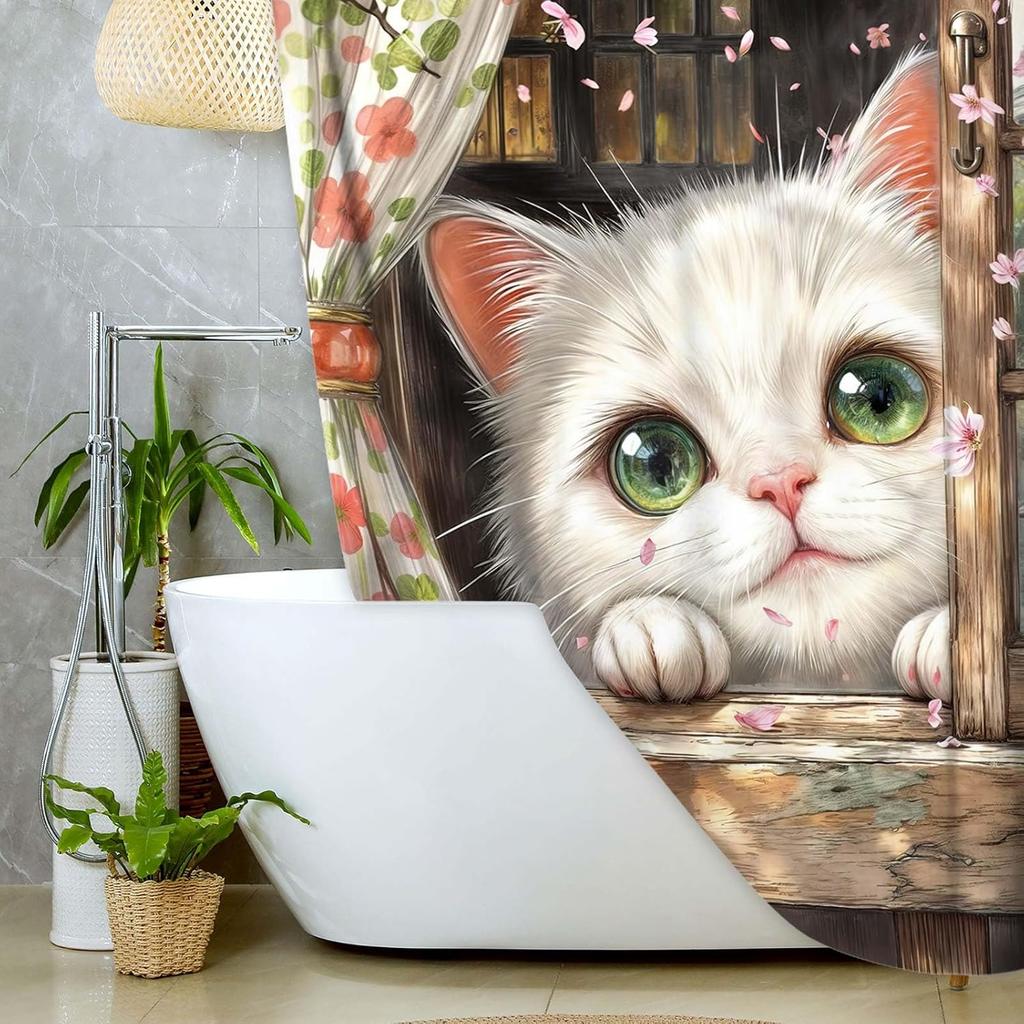 Japanese Cute Cat Shower Curtain Asian Japanese Funny Anime Pink Cherry Blossoms Retro Floral Shower Curtain for Bathroom Decor