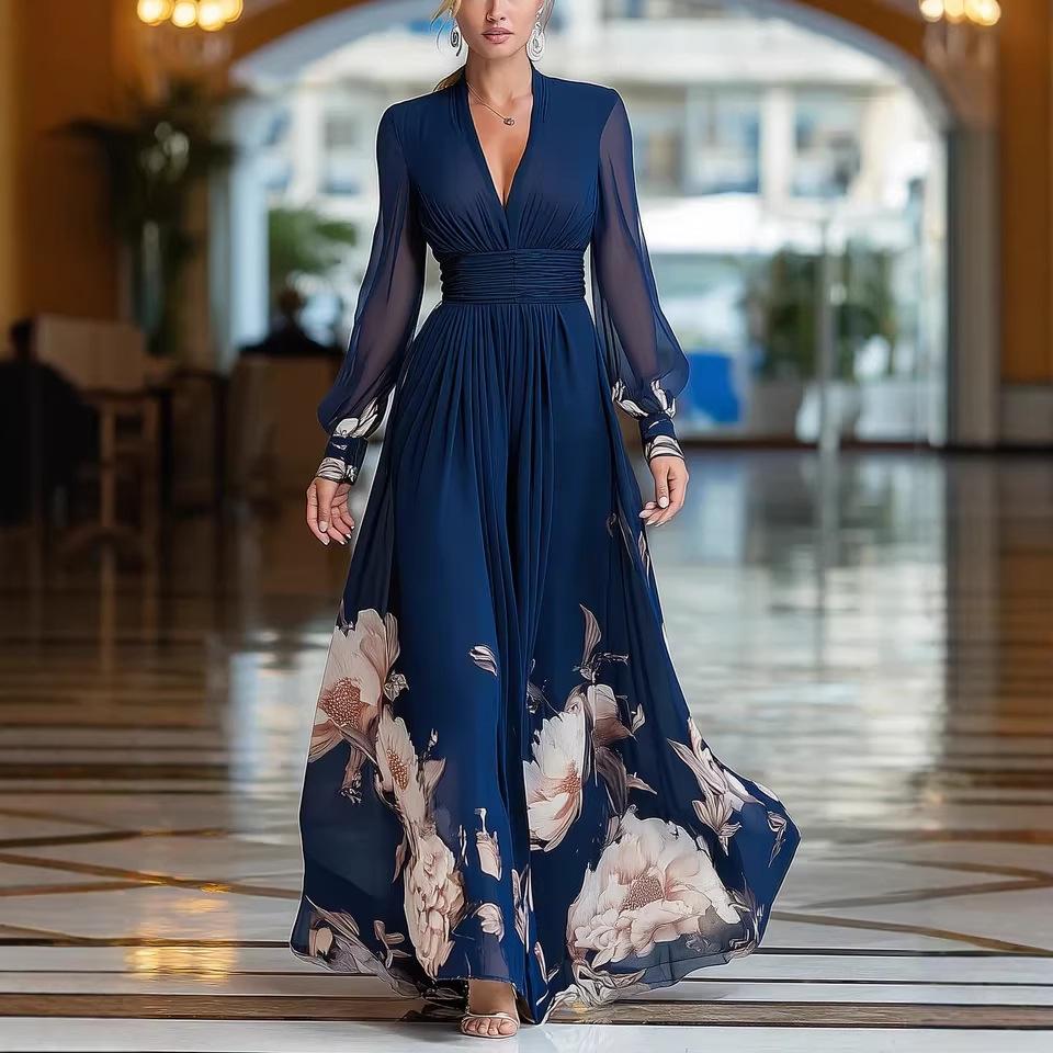Damen V-Ausschnitt Langarm Blumen-Maxikleid Lockerer Schnitt Hohe Taille Elegantes Abendkleid
