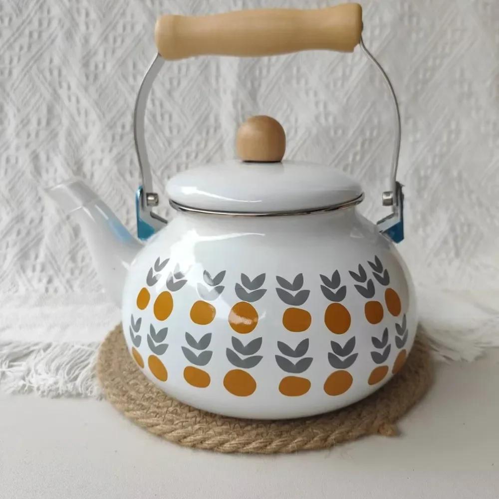 Emaille-Teekanne im chinesischen Stil 2,5L/1,5L, Anti-Verbrühungsgriff, Gasherd-Kessel, birnenförmige florale Emaille-Kaffeekanne