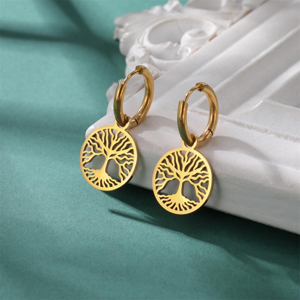 Kulaté náušnice z nerezové oceli Strom života visací pro ženy Dívky Trendy Náušnice pro štěstí Amulet Šperky Party Dárek