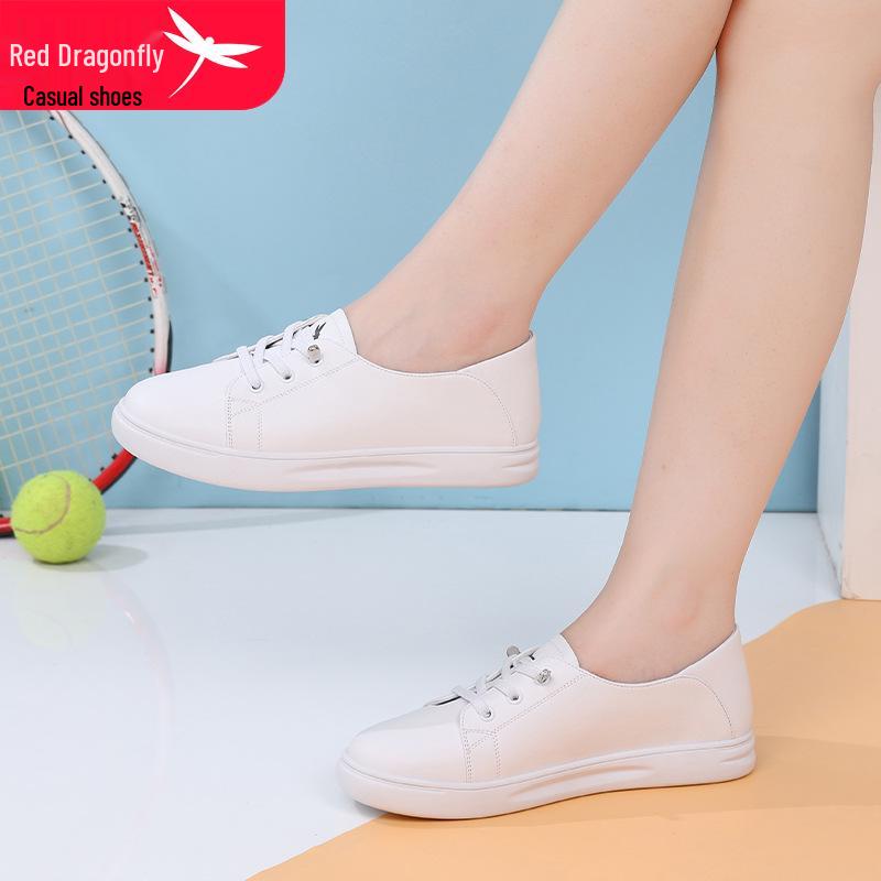 Red Dragonfly Women's Spring Flat White Leather Shoes - Versatile, Soft Sole, Shallow Cut Casual Style