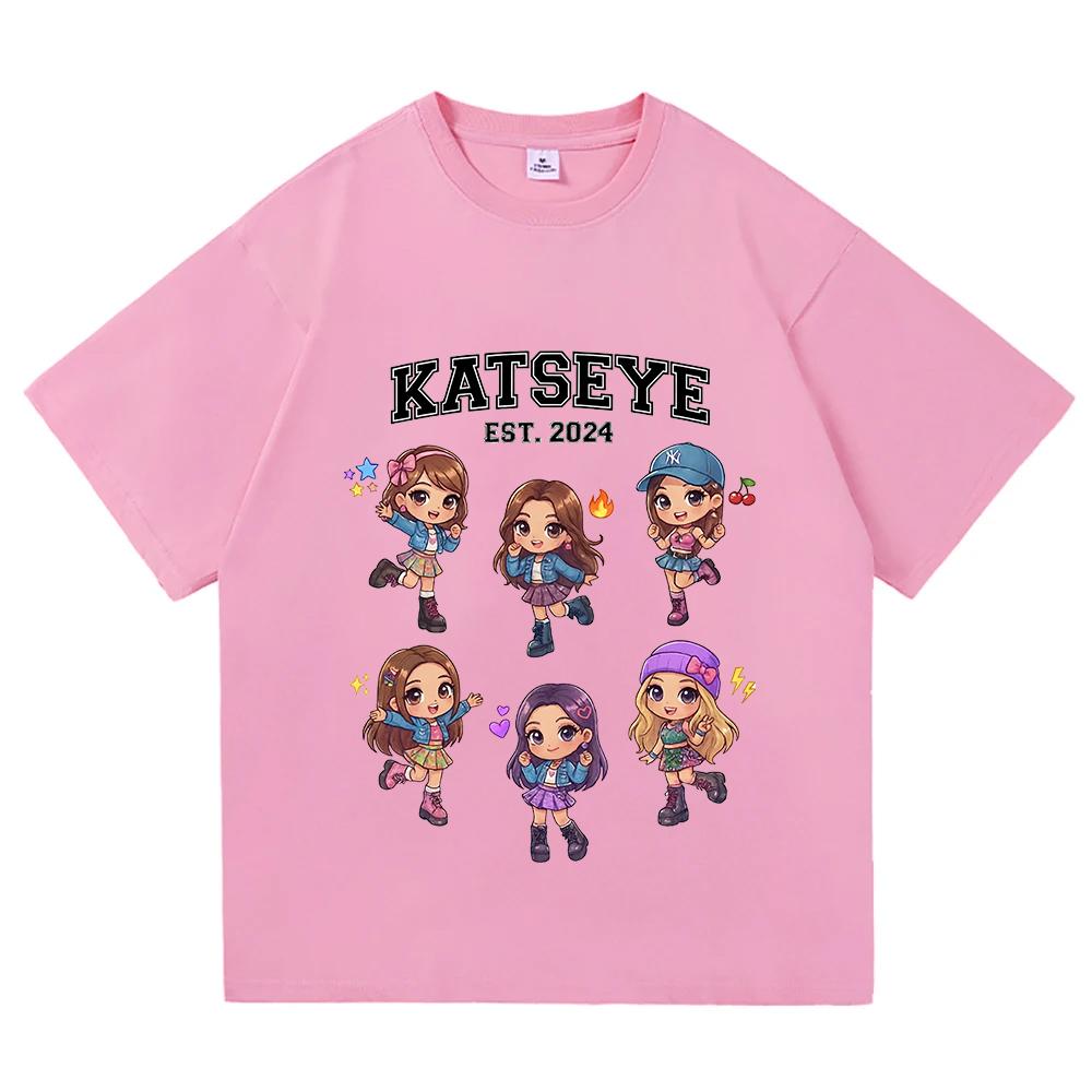 Korean Girls Band KATSEYE Print T-shirt Cotton Short Sleeve Loose Female Tshirts Unisex Streetwear Casual Women Men T Shirt Tees