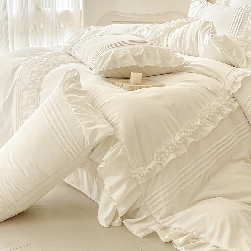 Koreanischer Prinzessinnenstil Spitze Rüschen Bettwäscheset Einfarbig Bettbezugset Flaches/Spannbettlaken Kissenbezüge Mit Kissenbezügen