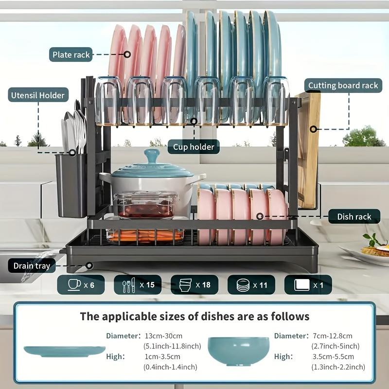 2-Tier Rust-Resistant Metal Utensil Rack with Drain Plate and Utensil Holder - Space Saving Kitchen Countertop Organizer