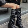 Western Cowboy Boots Pleated Pile Long Knight Boots Female Punk Style Pointed Trouser Boots Two Wear Belt Buckle Boots