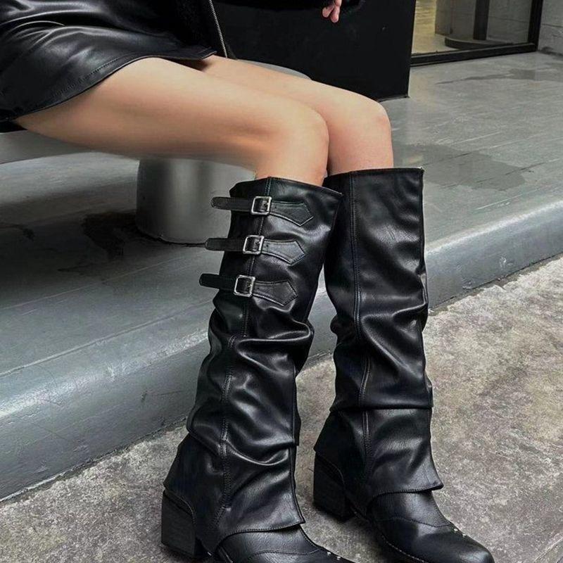 Western Cowboy Boots Pleated Pile Long Knight Boots Female Punk Style Pointed Trouser Boots Two Wear Belt Buckle Boots