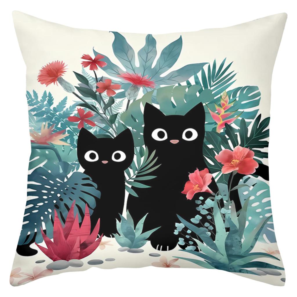Black Cat And Floral Patterned Decorative Throw Pillows Polyester pillowcase, sofa decorative cushion cov Headboard Pillow