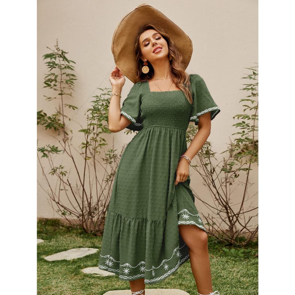 Vestido Largo Maxi de Verano para Mujer, Manga Corta, Fruncido, Cuadrado, Línea A, Fluido