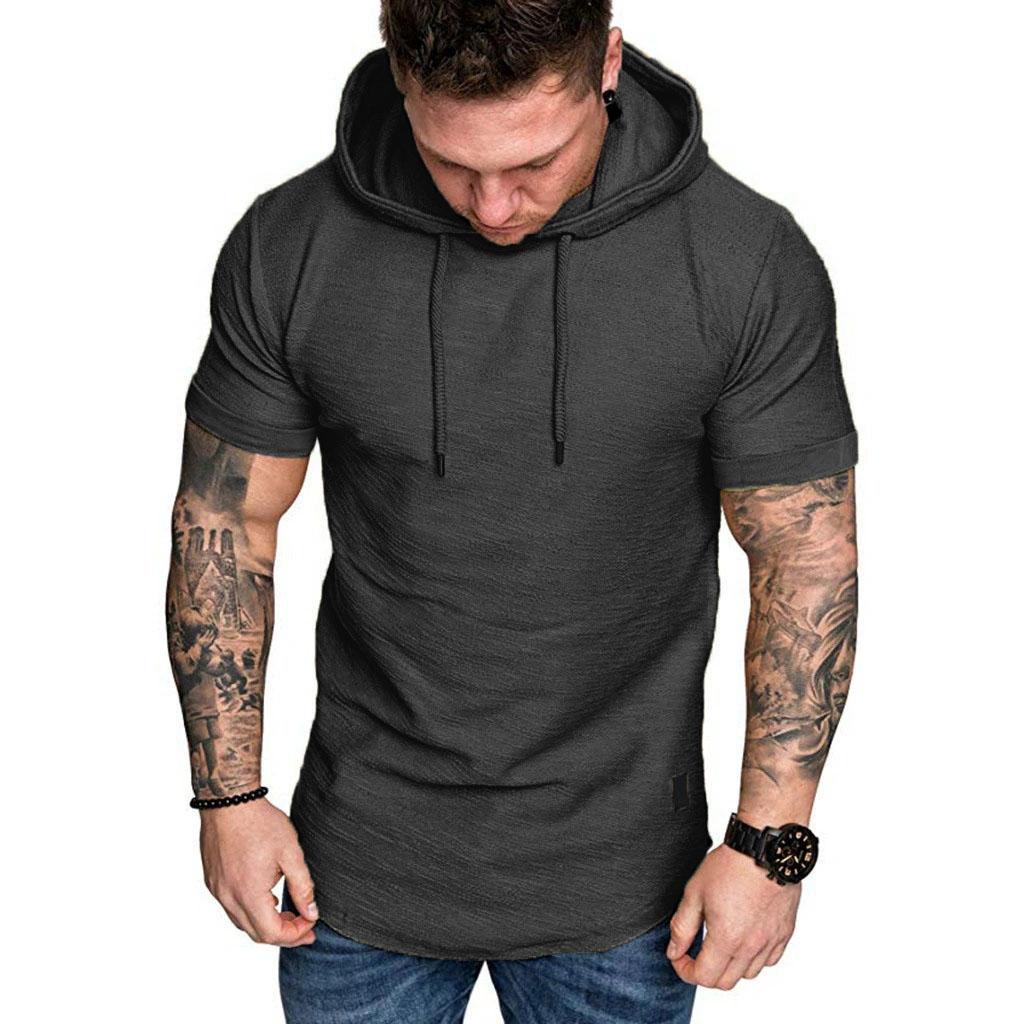 Spring Collection Men's Stylish Short Sleeve Hoodie with Front Pocket & Branded Patch - Casual Athletic Wear
