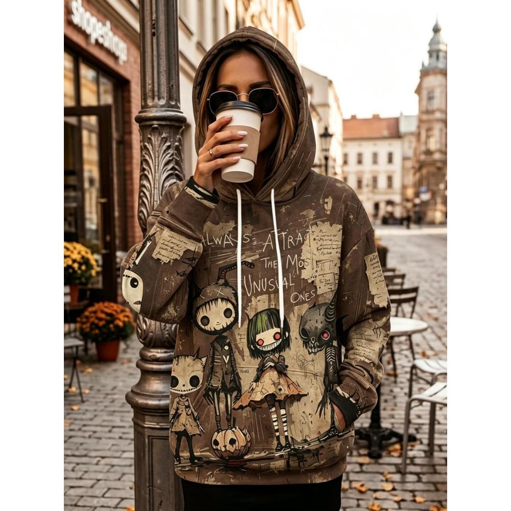 Women Fleece Hoodie Halloween Gothic Voodoo Doll Ghost Pumpkin Print Letter Graphic Drawstring Kangaroo Pocket Sweatshirt