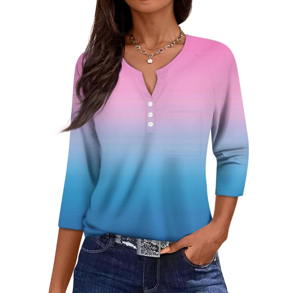 Ladies Casual Fashion V-neck Loose Versatile Gradient Print Three-quarter Sleeves