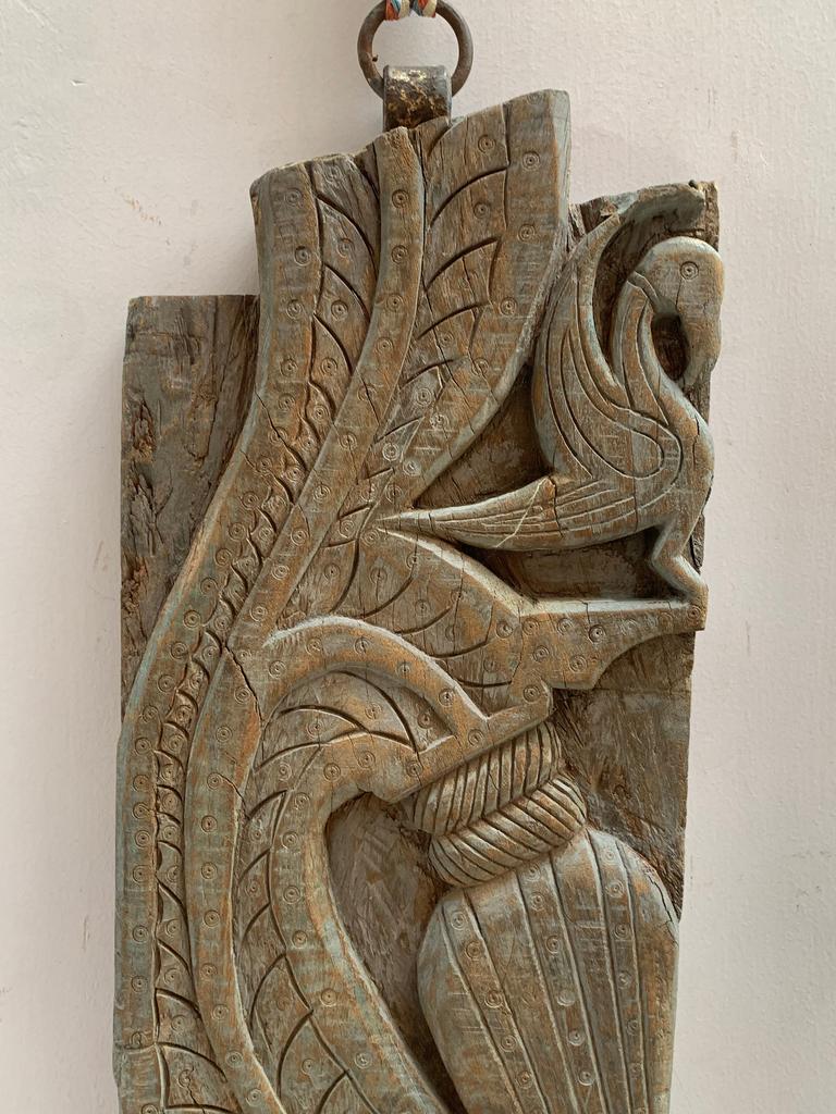 Distressed Antique Indian Wooden Wall Plaque: Carved Floral Panel