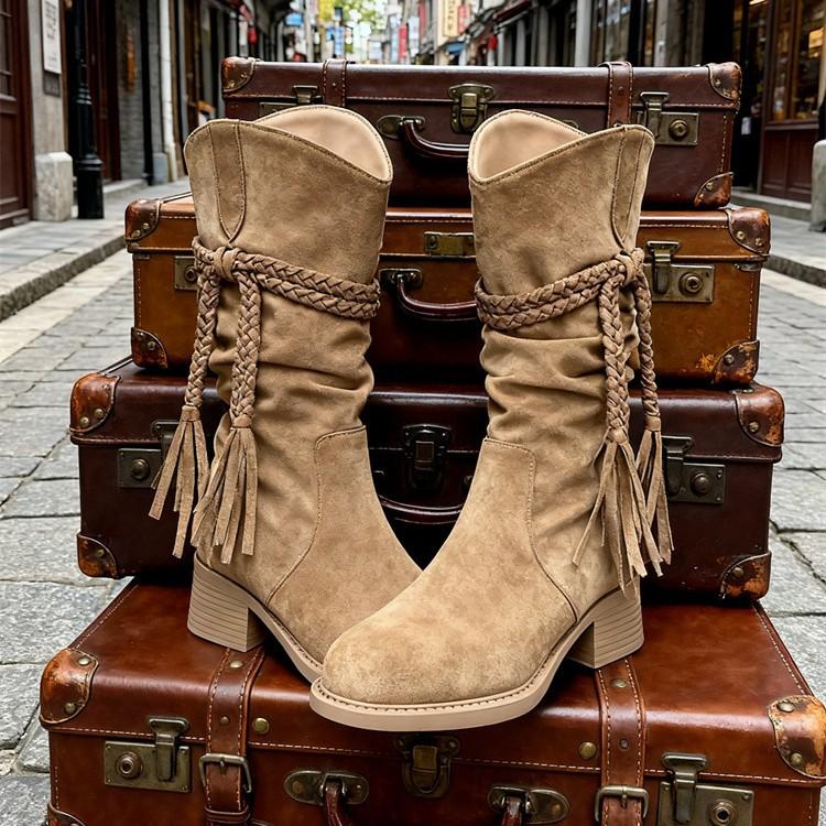7CM Inner Heightening Thick-soled Medium Boots Children's 2025 New Thick Heel Retro Fringed Strap Stacking Boots Western Boots