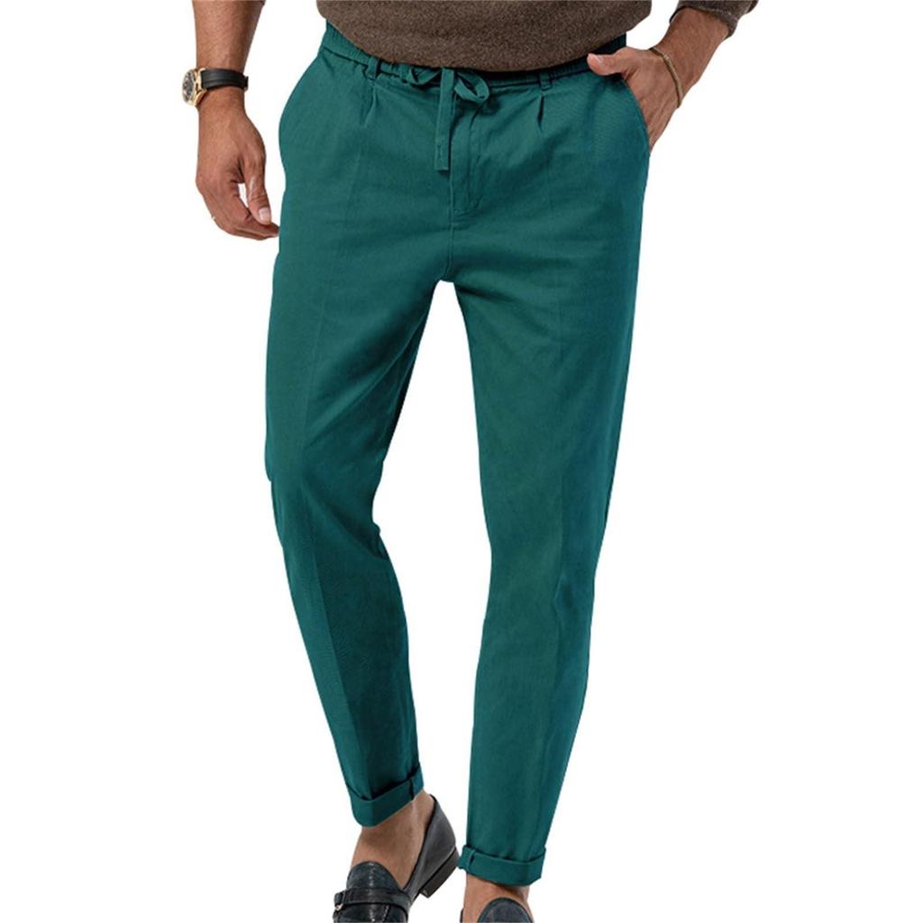 Erkek Daralan Paça Pantolon Günlük Keten Pantolon Elastik Bel Slim Fit Plaj Yoga İş Hafif Pamuklu Cepli Pantolon