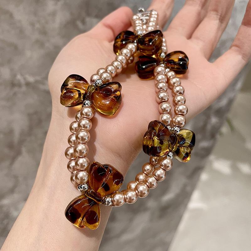 American Vintage Niche Design Pearl Neck Chain Leopard Print Bow Double Necklace Choker Women's Collarbone Chain