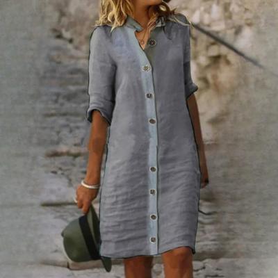 Women's Spring and Summer Shirt Collar Sleeves Big Round Button Cotton and Linen Dress