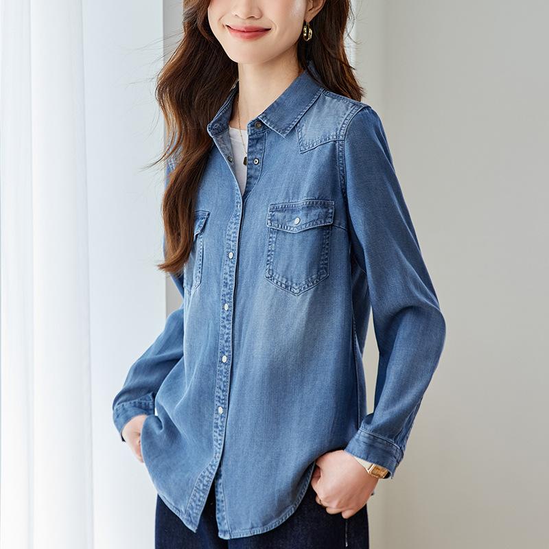 Tennis Denim Shirt Women's Long Sleeve Mid-length Spring and Autumn New Old Retro Top