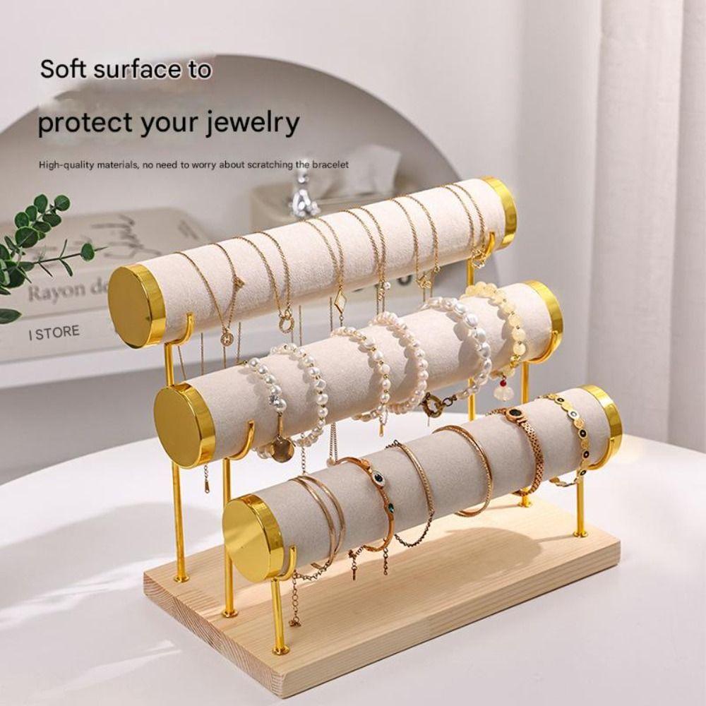 Upgraded 3 Tier Bracelet Organizer Stand Wooden Flannel Wrap Jewelry Display Stand Detachable Metal Necklace Storage Rack Women