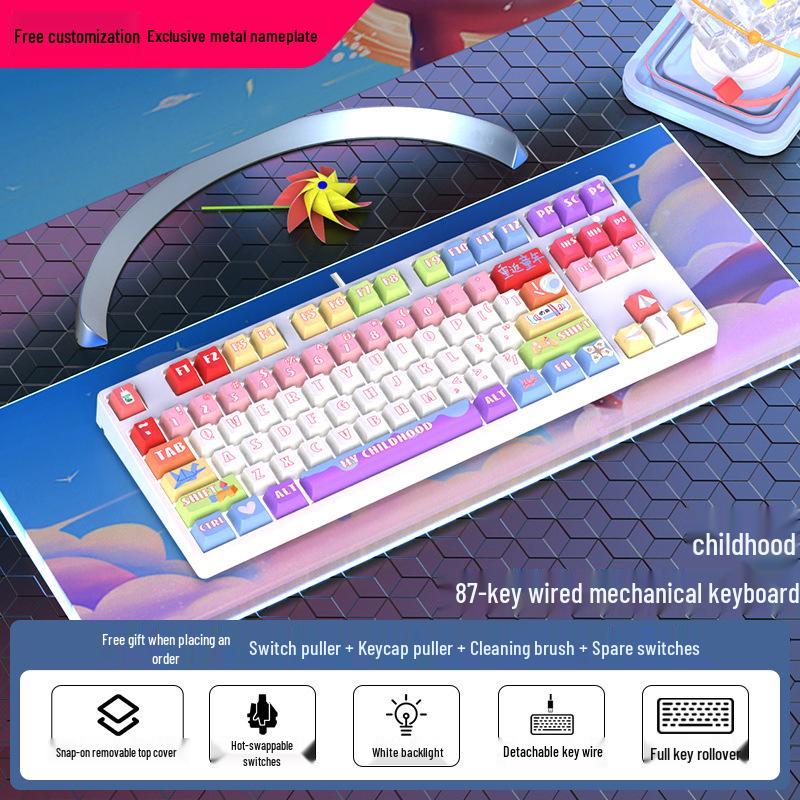 87-Key Cute Mechanical Keyboard, Wired Blue Switch, Personalized PBT for Gaming, Esports, Office, Creative Girls